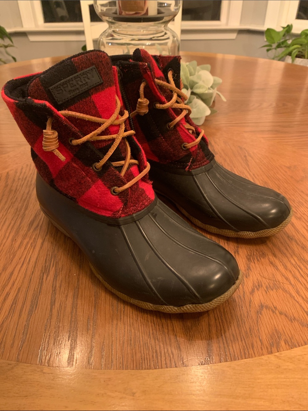 Sperry Red Black Plaid Wool Rubber Duck Boots SZ 10